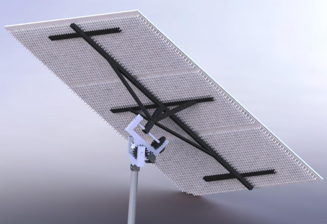 CAD render of the hybrid PV–TEG system with its panel, support and tilt mechanism