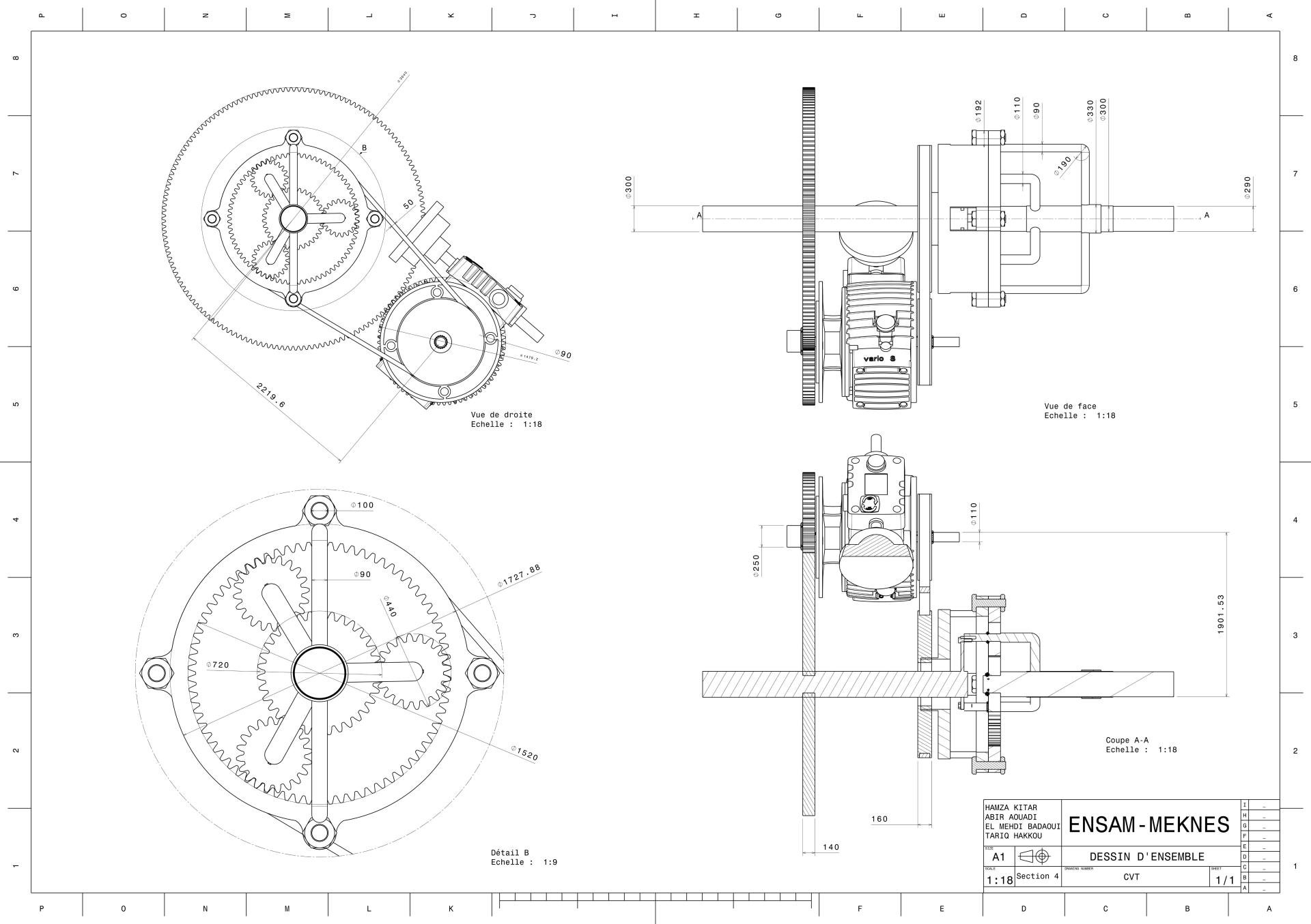 Technical transmission drawing with sections and gear views